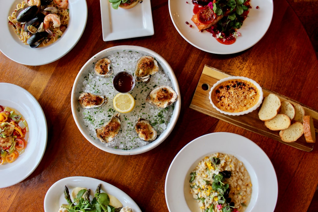 Overhead view of seasonal dishes on a rustic table